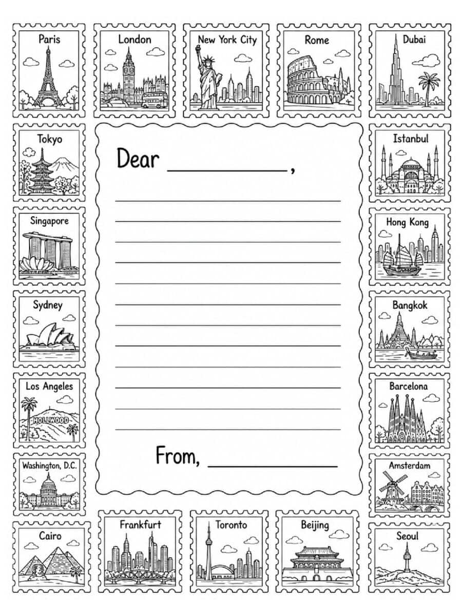 postage stamps of major travel hubs or popular cities to visit pen pal coloring page