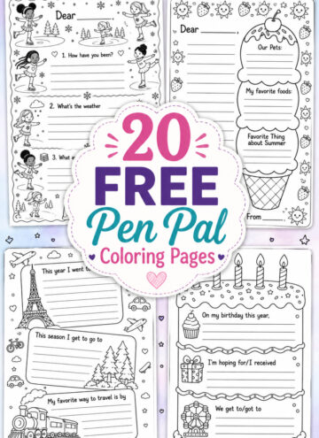 20 free pen pal coloring pages title overlay with 4 sample sheets showing