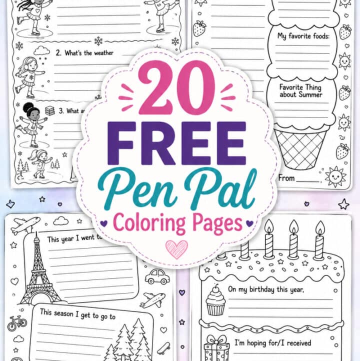 20 free pen pal coloring pages title overlay with 4 sample sheets showing