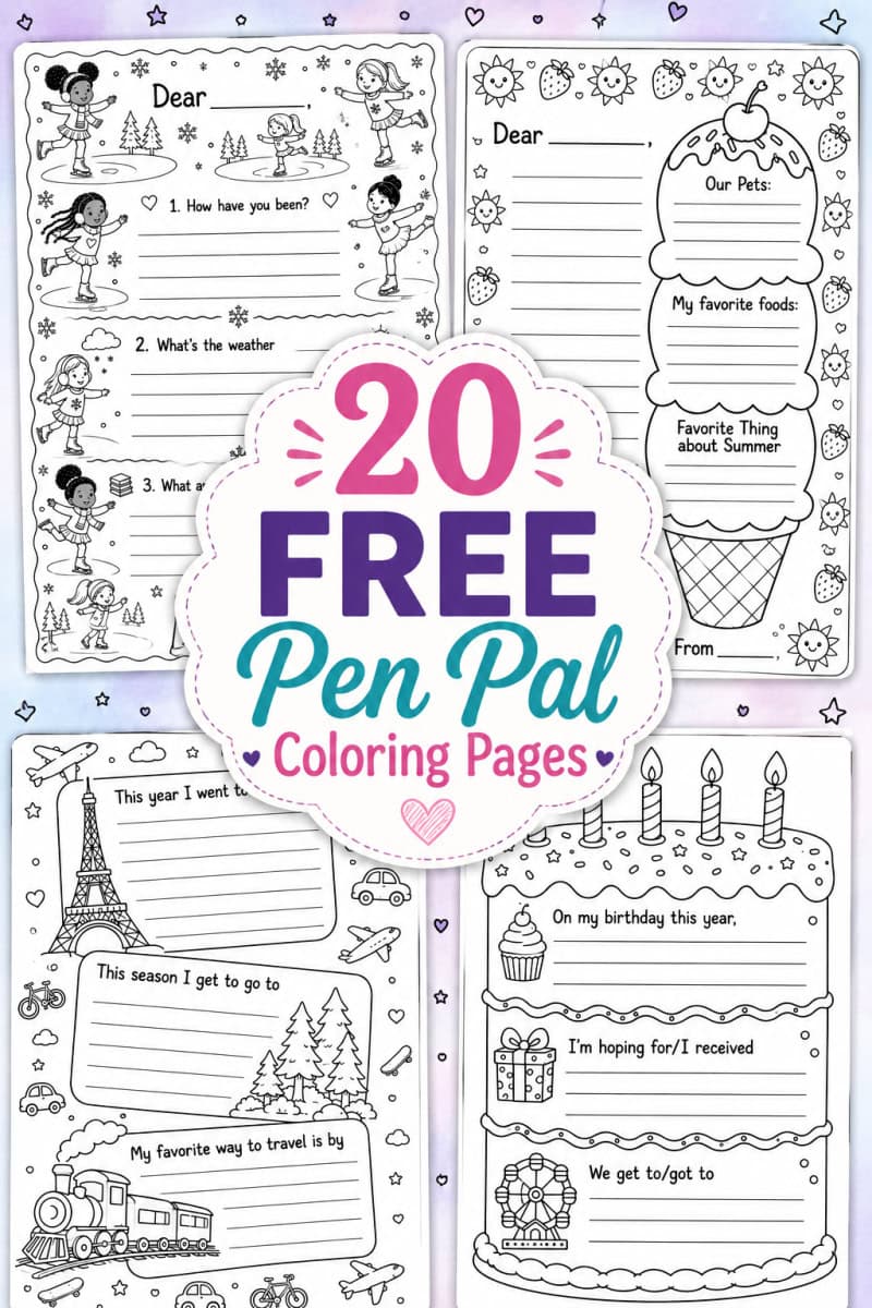 20 free pen pal coloring pages title overlay with 4 sample sheets showing