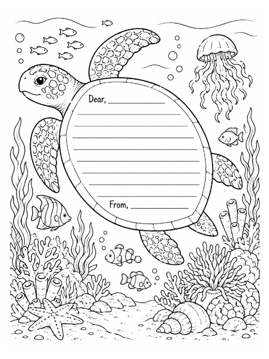 sea turtle pen pal coloring page, underwater