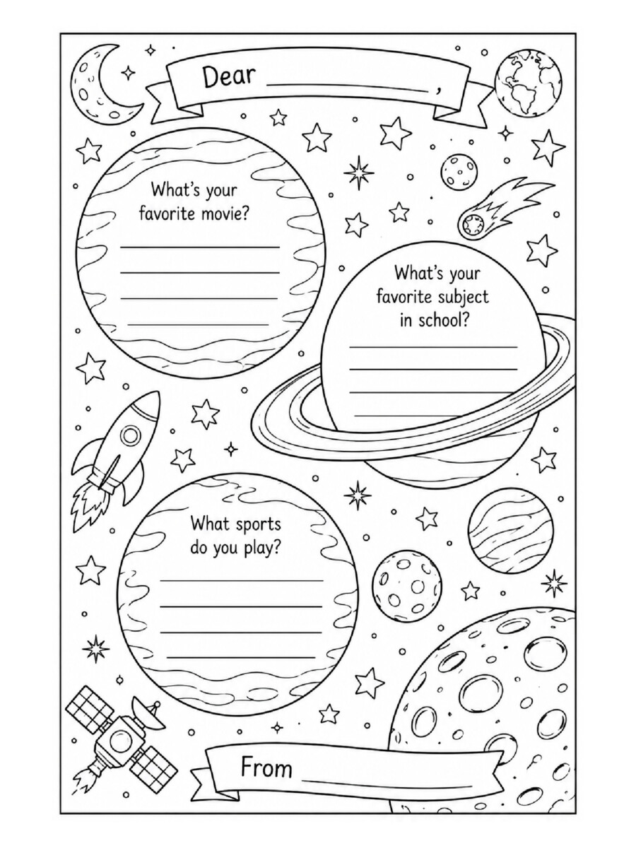 planets and space pen pal coloring page for kids, teachers