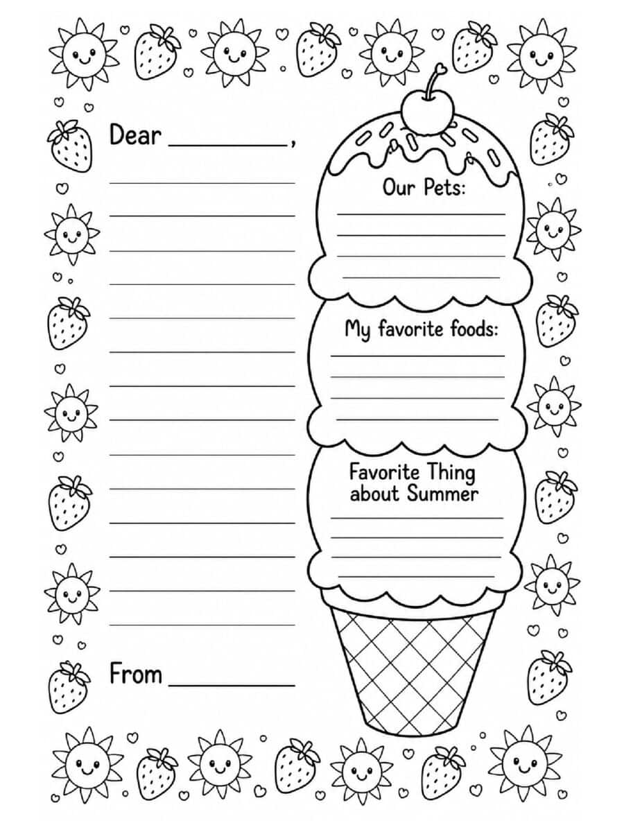 ice cream cone pen pal coloring page (letter writing template)