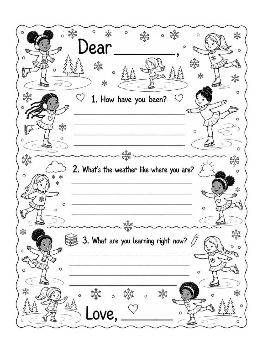 girls ice skating themed pen pal coloring page writing prompt for kids and teachers