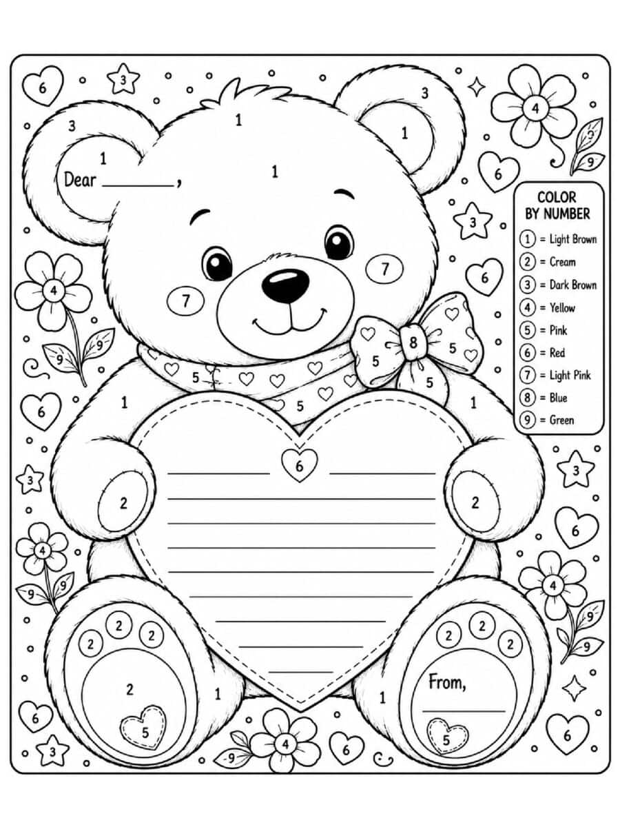 teddy bear color by number pen pal coloring page for kids