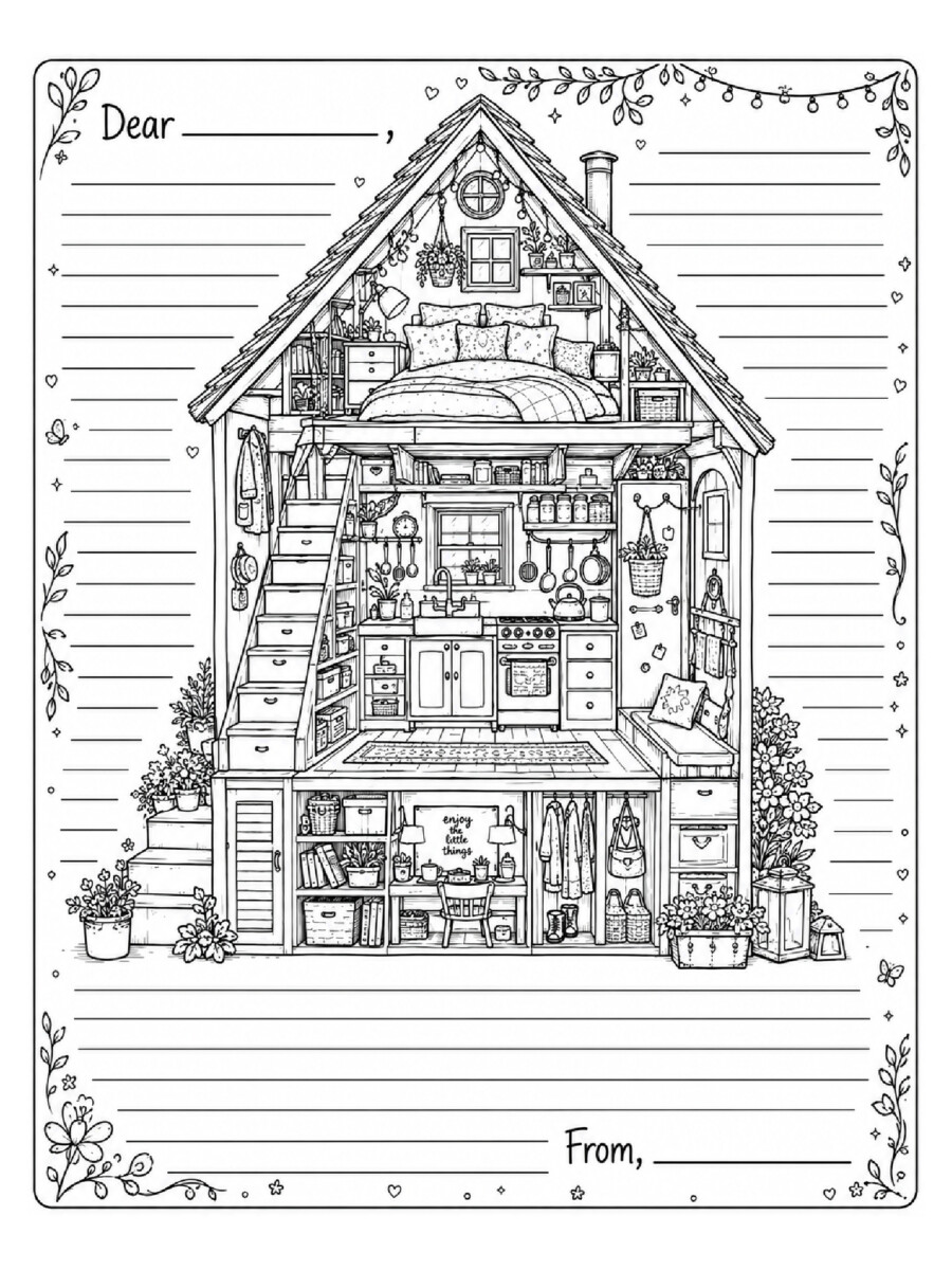 tiny house cottage pen pal coloring page