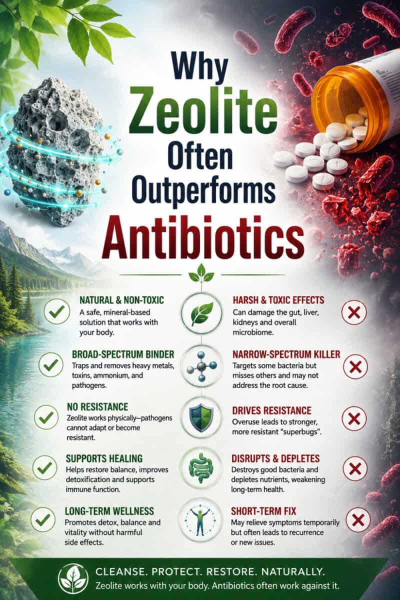 why-zeolite-often-outperforms-antibiotics title with infographic of the reasons