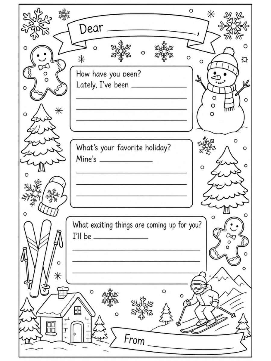 winter pen pal letter writing prompt coloring page for kids and teachers