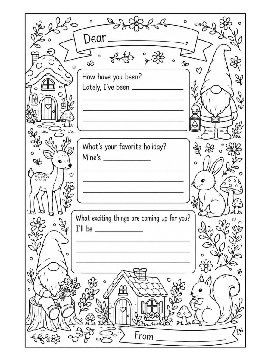 woodland scene and creatures pen pal coloring page with writing prompts for kids, teachers