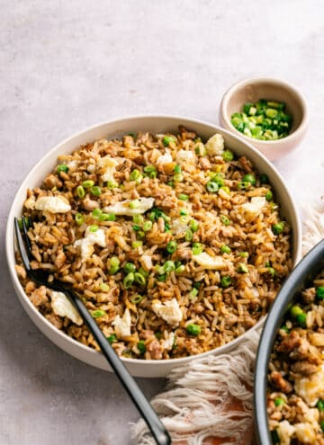 healthy turkey fried rice served in a big dish with fork