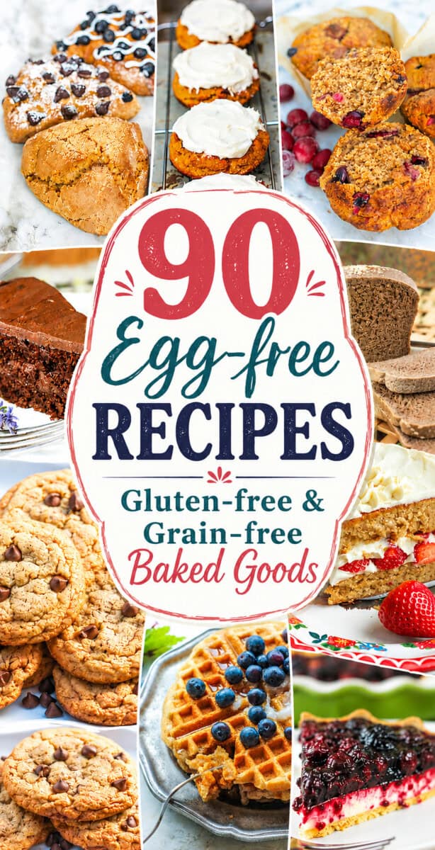 90 Egg-free Recipes text overlay with 10 photo examples