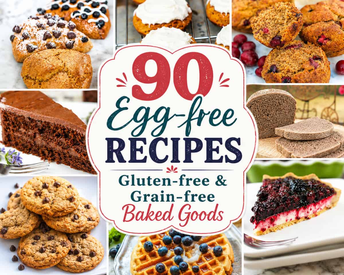 90 Egg Free Recipes text overlay with 8 photo examples of the baked goods