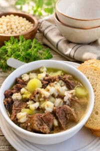 served beef posole stew with hominy