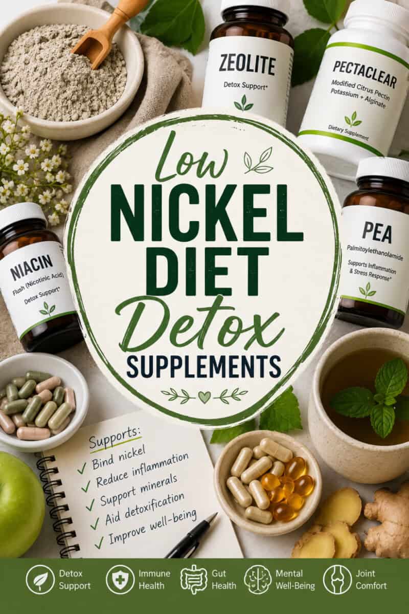 Best Low Nickel Diet Detox Supplements text overlay with photo that includes the supplements