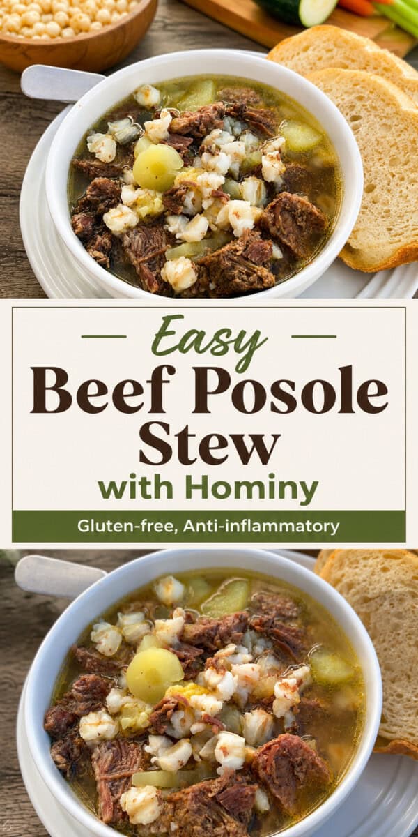 beef posole stew title overlay with 2 photos showing it