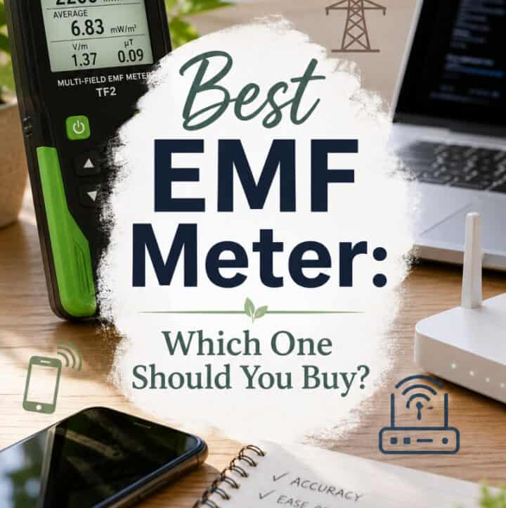 Best EMF Meter -- Which One Should You Buy (text overlay) with related images of meter, phone, computer and cell tower