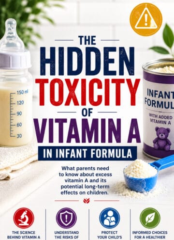 The Hidden Toxicity of Vitamin A in Infant Formula wording with images of a baby bottle and formula.