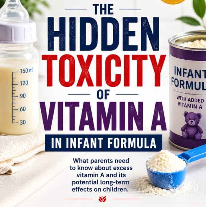 The Hidden Toxicity of Vitamin A in Infant Formula wording with images of a baby bottle and formula.