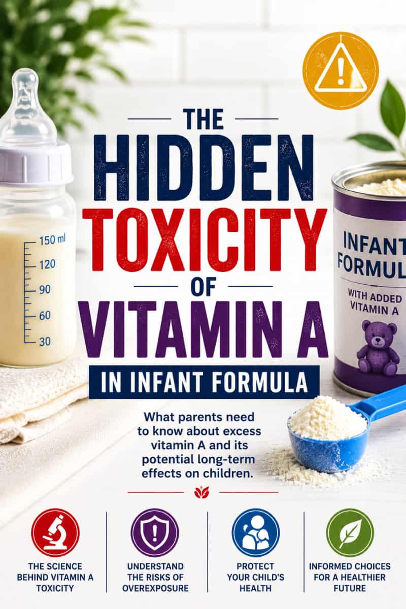 The Hidden Toxicity of Vitamin A in Infant Formula wording with images of a baby bottle and formula.