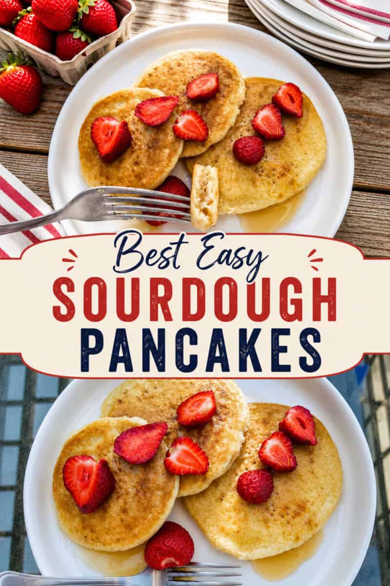 2 photos of traditional sourdough pancakes with recipe title overlay