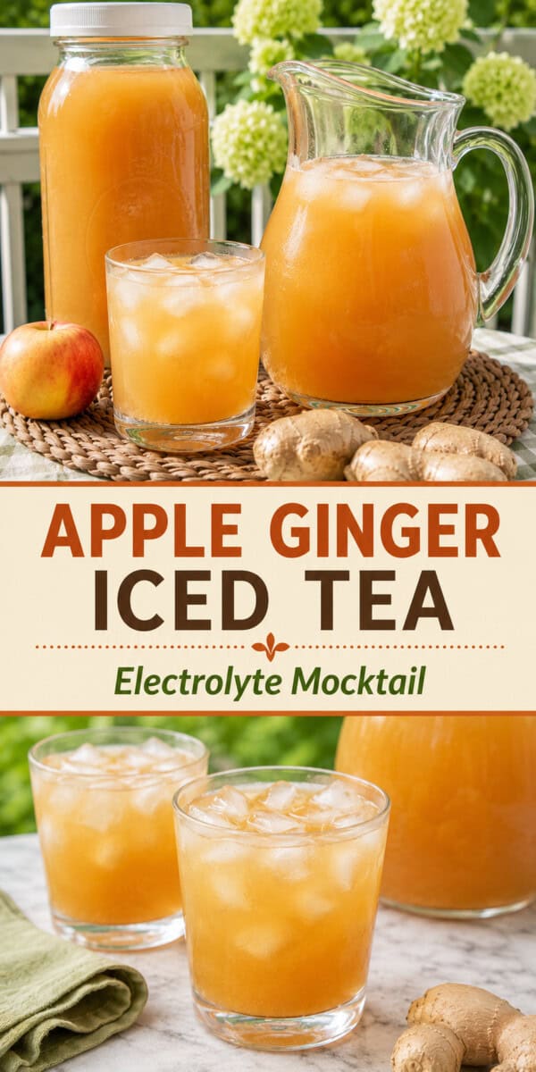 two photos of apple ginger iced tea with recipe title overlay