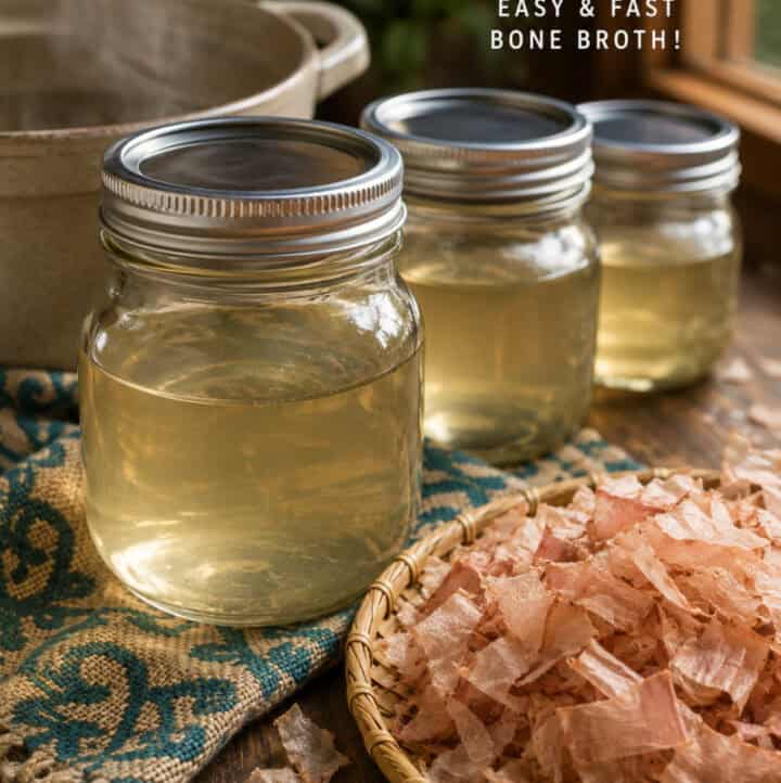 dashi Japanese broth in jars with bonito tuna flakes in foreground