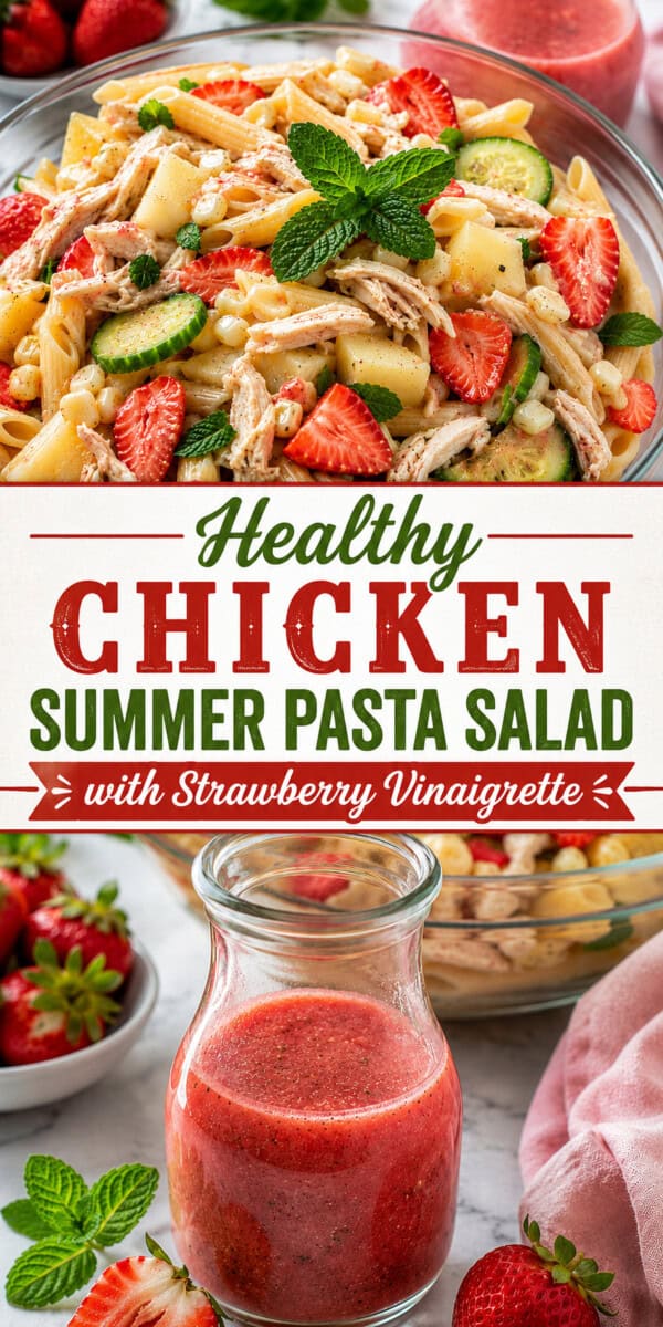 two photos of healthy summer chicken pasta salad with recipe title overlay