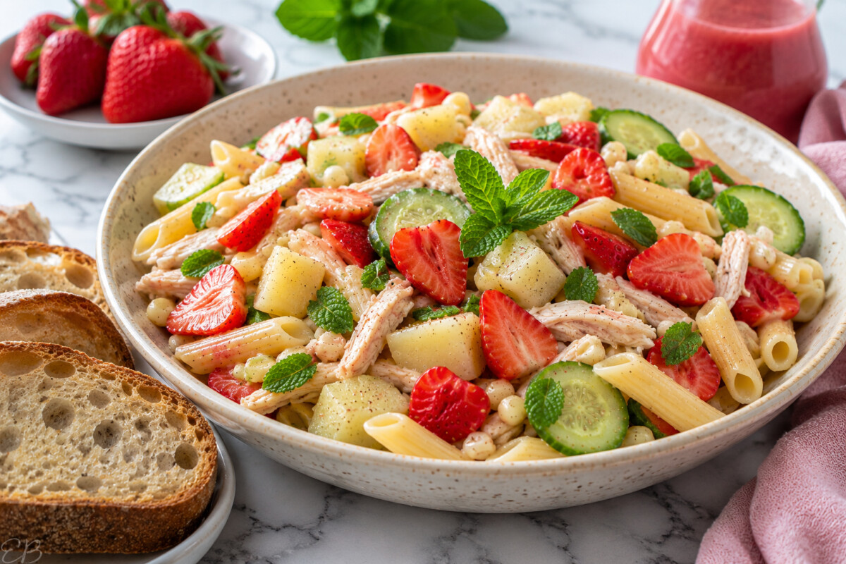 healthy chicken summer pasta salad served with sourdough bread