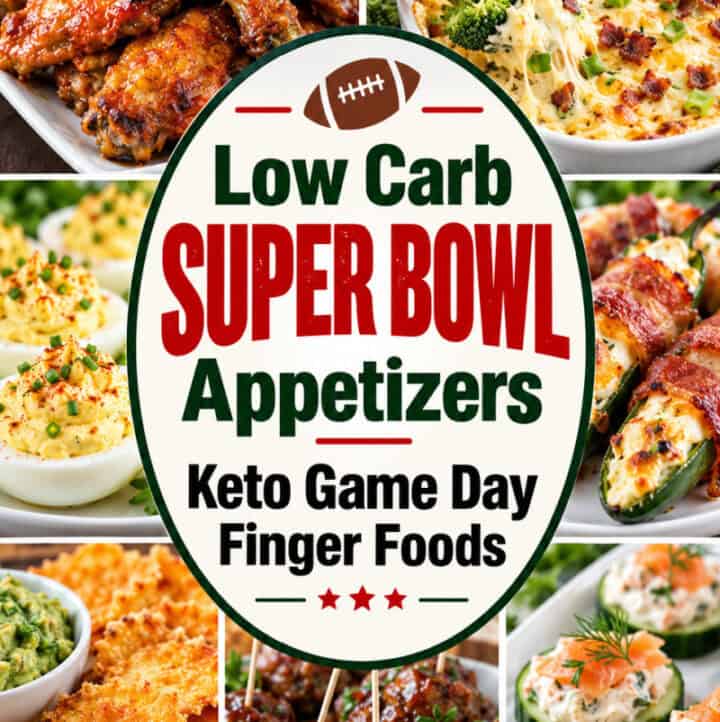 7 appetizer photos with text overlay: Low Carb Super Bowl Appetizers for Keto Game Day Finger Foods