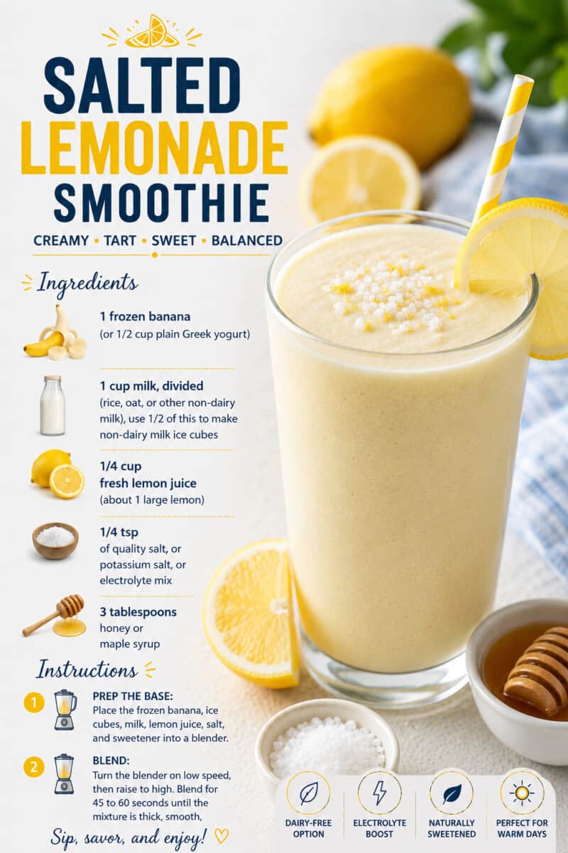 salted lemonade smoothie with electrolytes in clear glass with straw and lemon slices