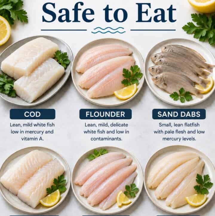 which seafood is safe to eat (text overlay) with 6 fish pictured