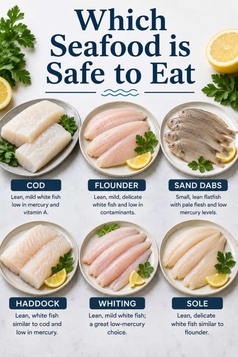 which seafood is safe to eat (text overlay) with 6 fish pictured