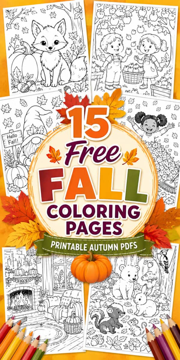 6 examples and title overlay: 15 Free Fall Coloring Pages