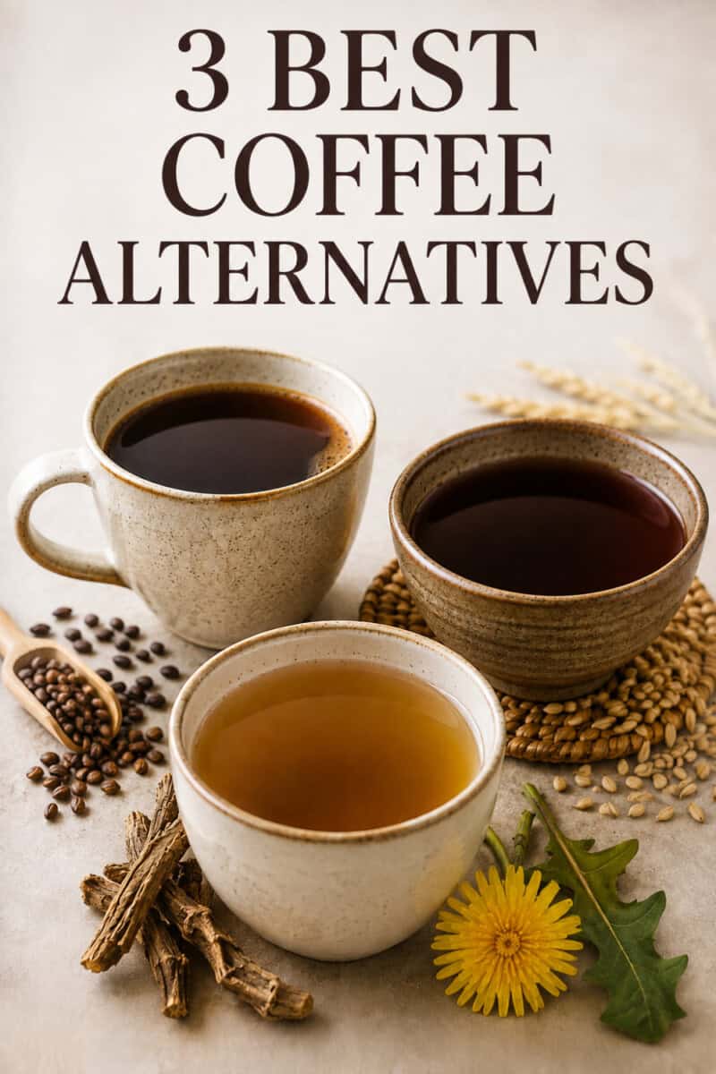 3 cups of dark brew with text overlay: 3 best coffee alternatives
