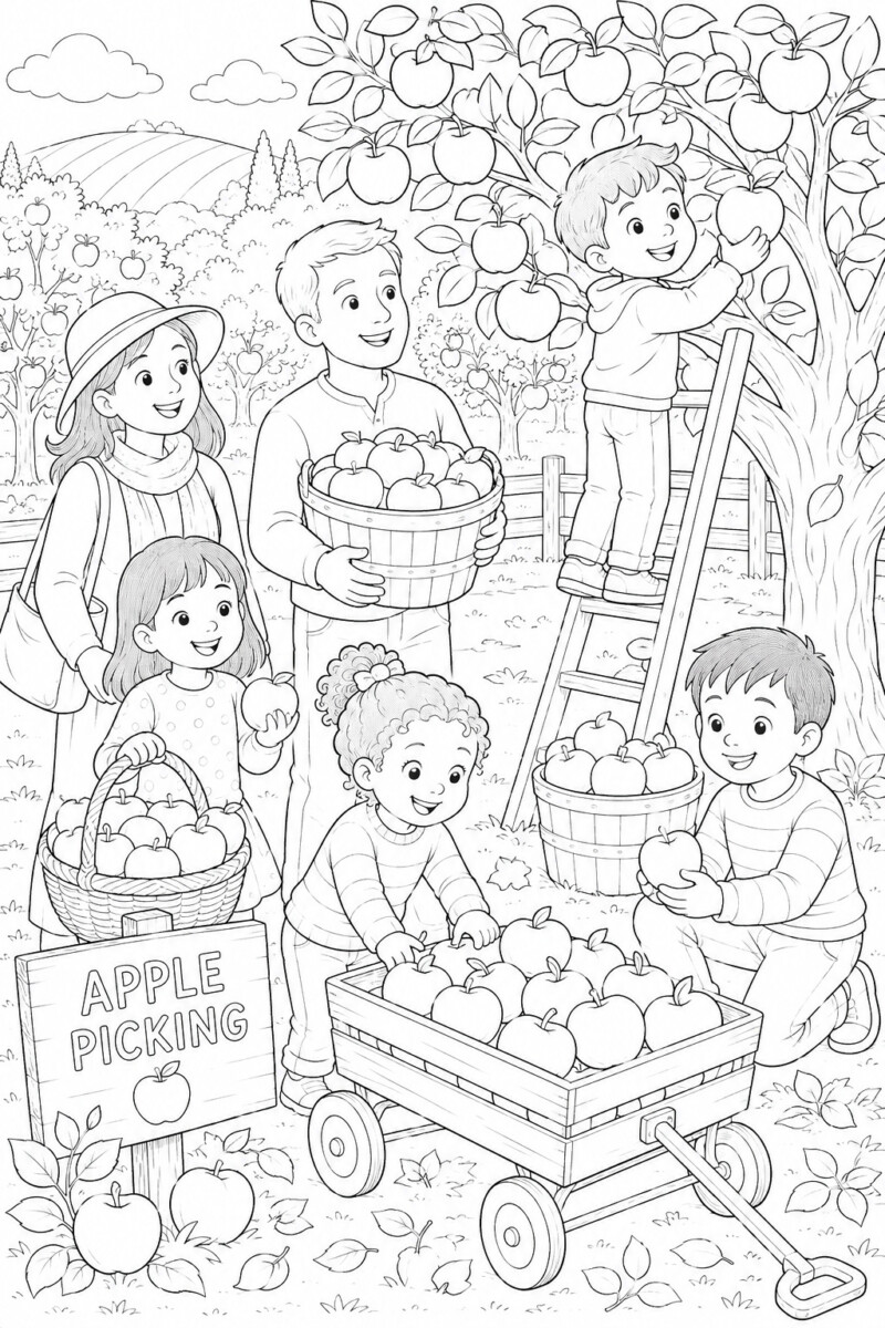 apple picking coloring page