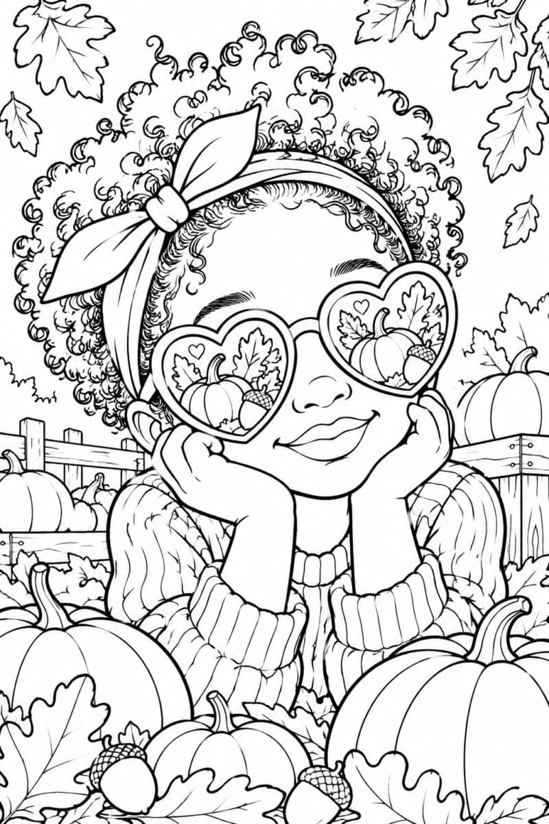 autumn girl with pumpkins reflecting in her heart sunglasses