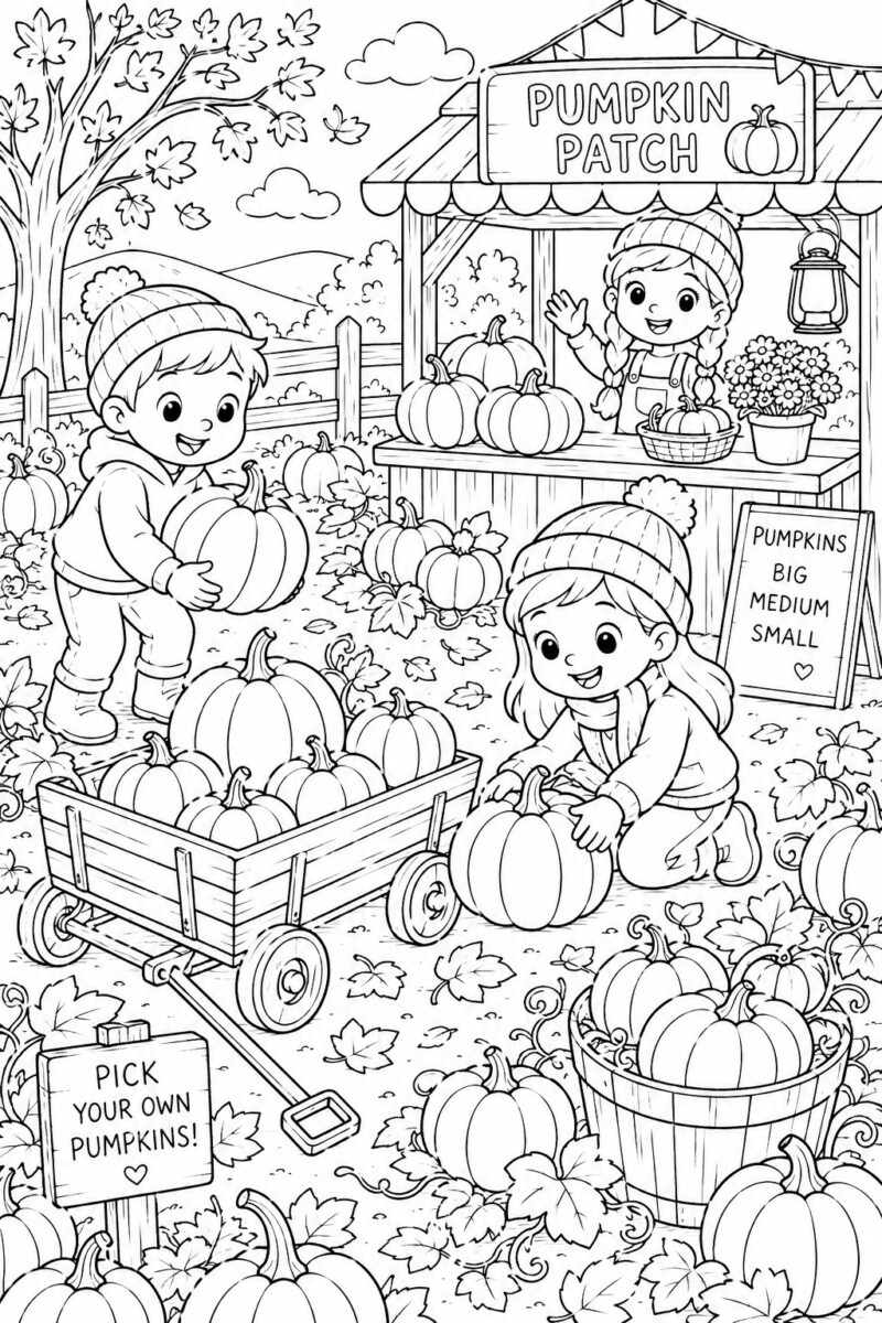 pumpkin patch coloring page for kids