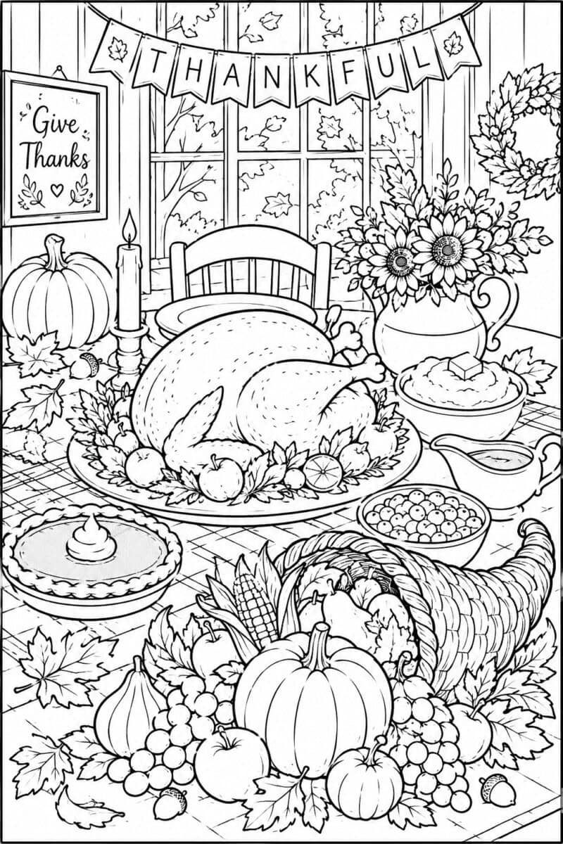 Thanksgiving coloring page: turkey, cornucopia, pumpkins, harvest table