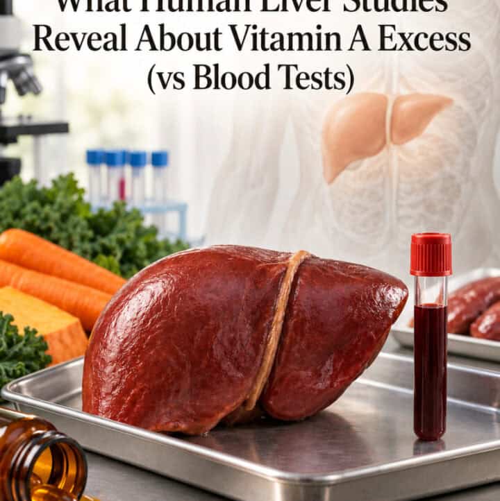 liver and blood sample on lab tray with text overlay: Autopsy Studies: What Human Liver Studies Reveal about vitamin A excess (vs blood)