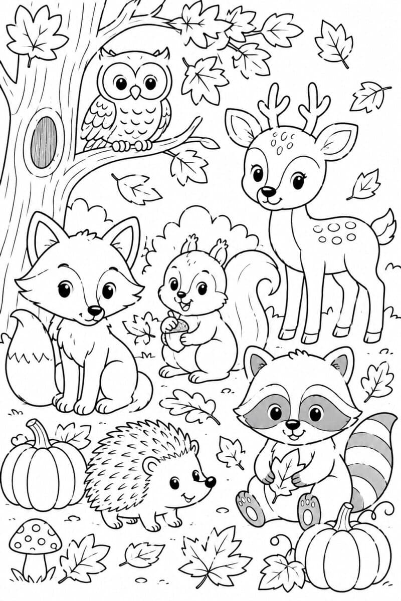 fall woodland creatures coloring page