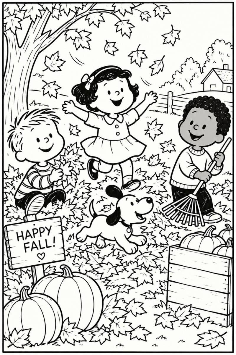 charlie brown like children in the pumpkin patch in fall -- coloring page for kids