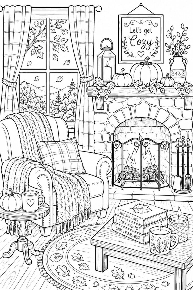 cozy fall indoor scene with chair, books, fire coloring page