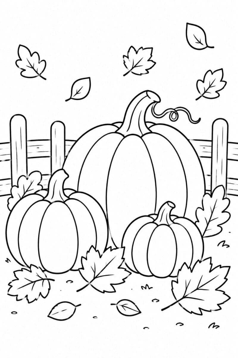 3 pumpkins in a field in fall coloring page