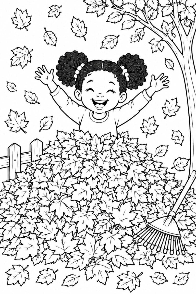 african american girl throwing leaves from leaf pile fall coloring page