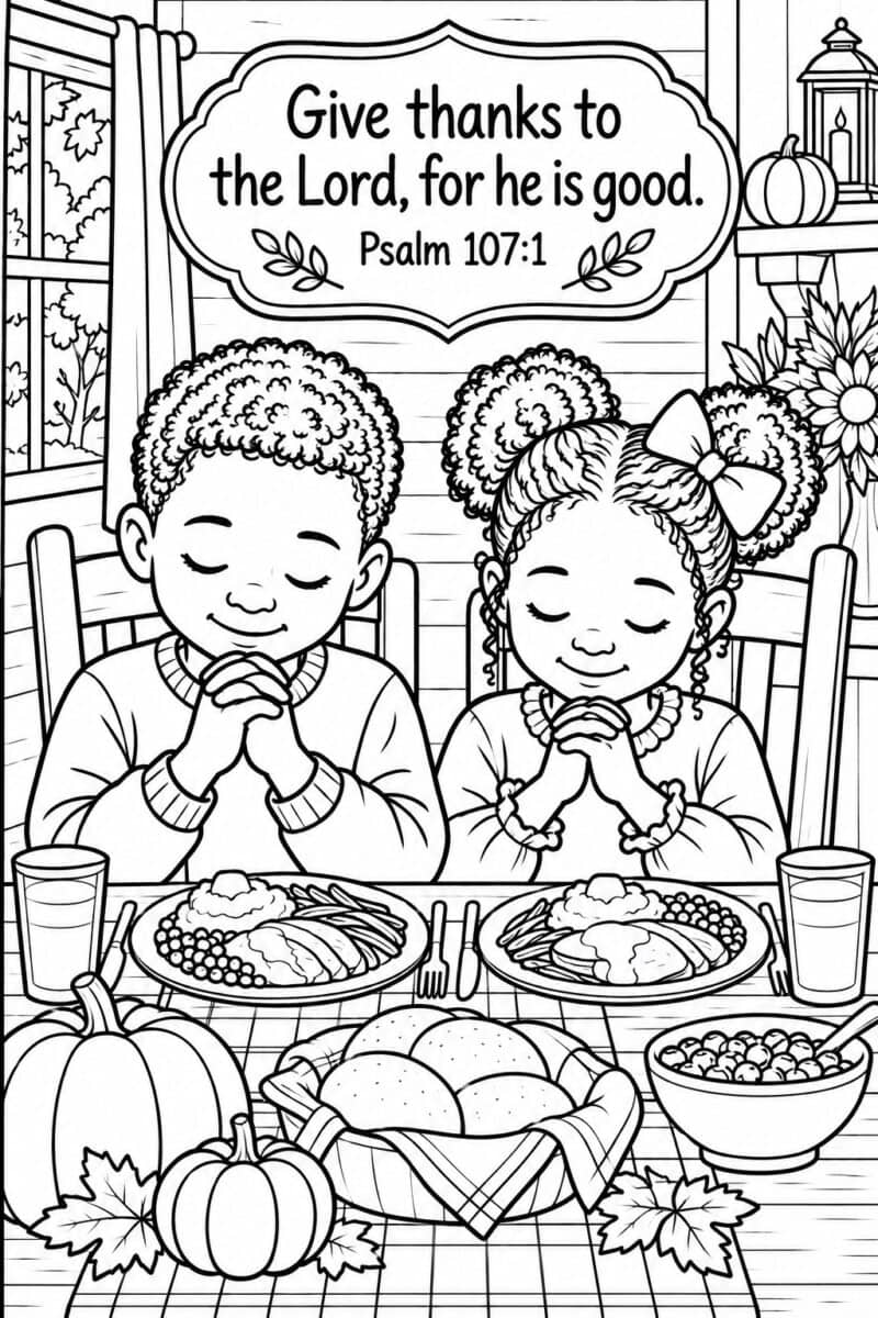 two children giving thanks to God with Bible verse coloring page for kids, thanksgiving theme