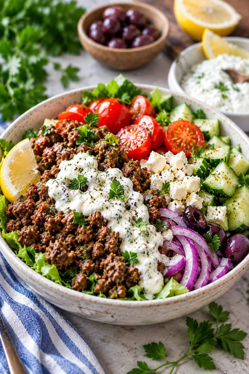 close up of healthy paleo and gluten free low carb greek bowl