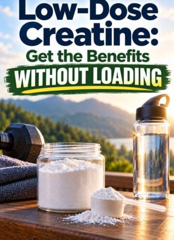low dose creatine: get the benefits without loading text overlay with images of water, weights and creatine jar