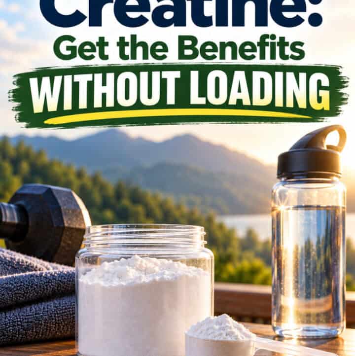 low dose creatine: get the benefits without loading text overlay with images of water, weights and creatine jar