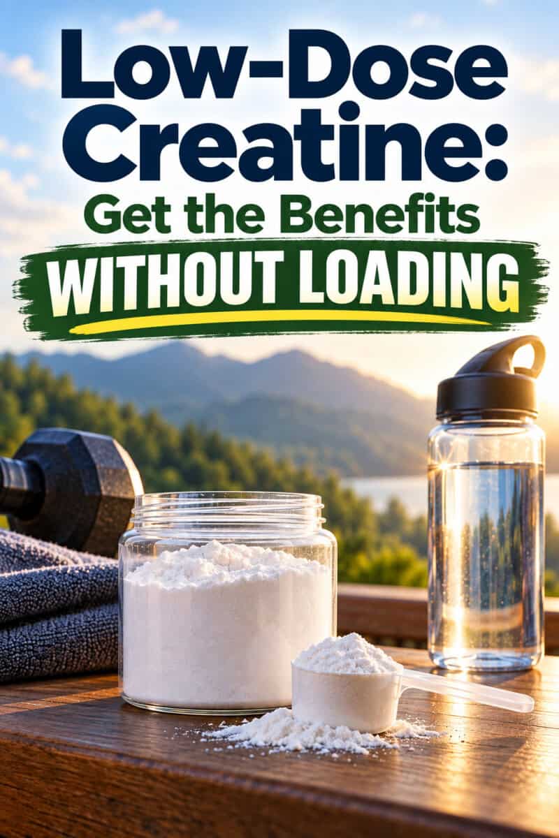 Low Dose Creatine: Get the Benefits Without Loading - text overlay on images of creatine jar, weights and water