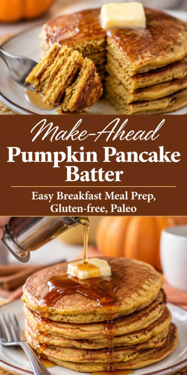 Make Ahead Pumpkin Pancake Batter (paleo and gluten-free) text overlay with 2 photos